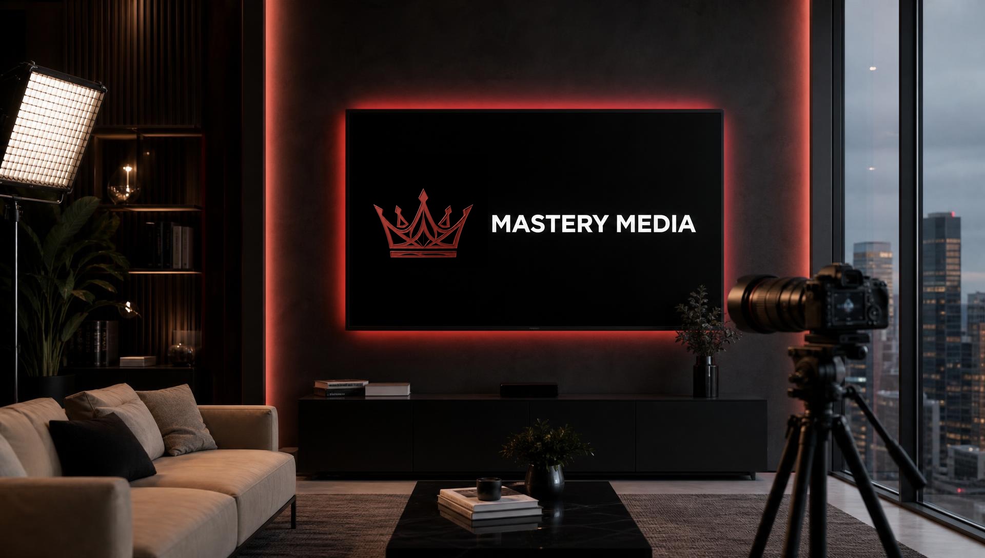 Modern Mastery Media office lounge with the Mastery Media logo displayed on a large screen